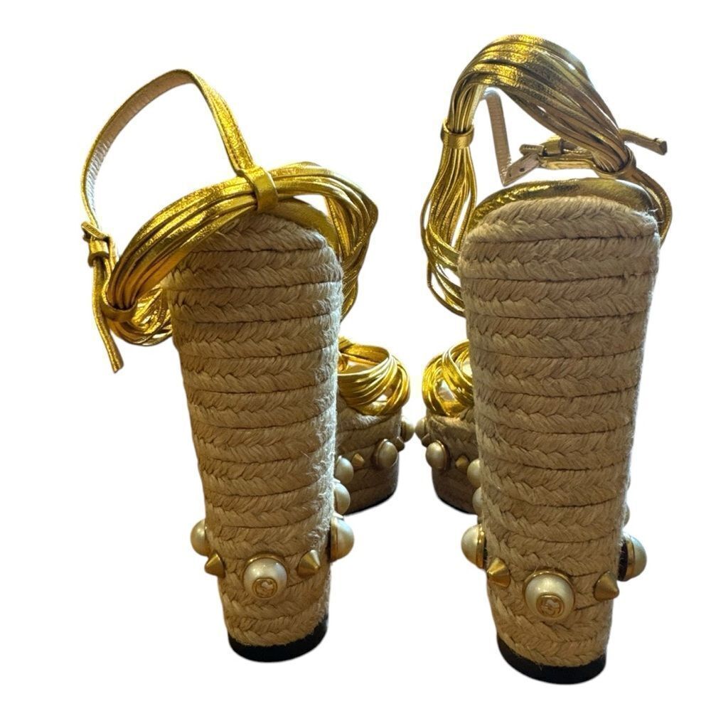 Gucci Barbette Knotted Leather Gold Metallic Pearl Platform Wedge Sandals - Picture 8 of 16